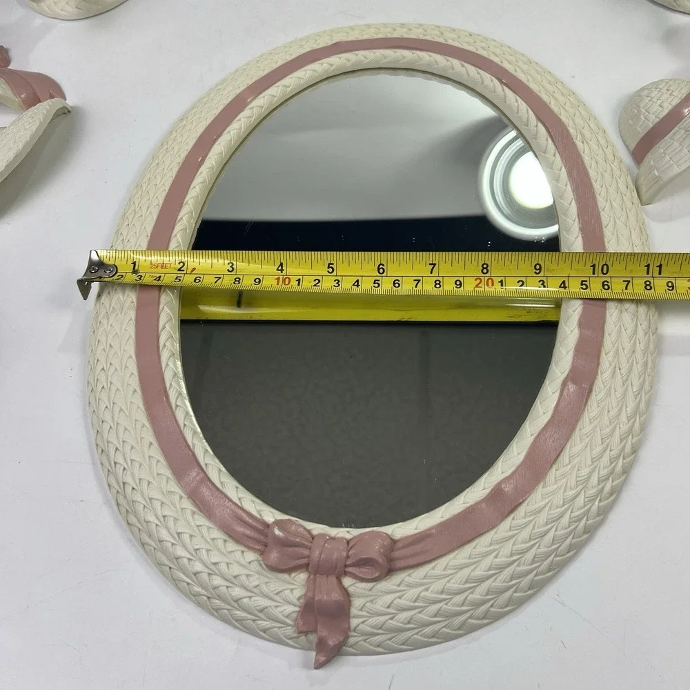 Vtg 90's Burwood Wall Decor 9pc Set White Pink Bows Faux Wicker Mirrors *Flaws*